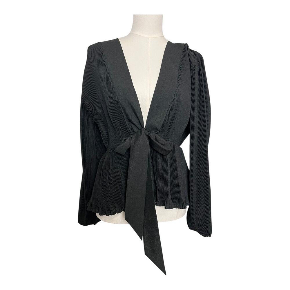 Lulu's Black V-Neck Blouse Micro Pleated Tie Waist Cocktail Dressy Small Peplum